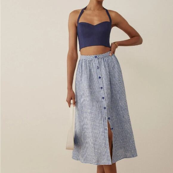 Reformation Dresses & Skirts - Reformation Orzo Linen Gingham Checkered Blue Skirt (Size 8)